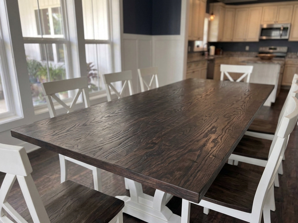 A dark brown wooden dining table with a rustic grain finish, surrounded by white wooden chairs in a bright dining room with large windows and a kitchen in the background.