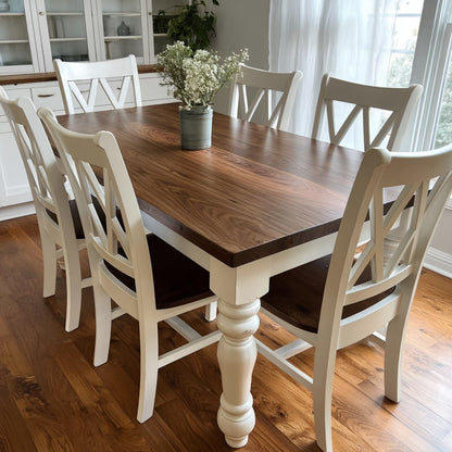 Farmhouse dining table with a walnut top