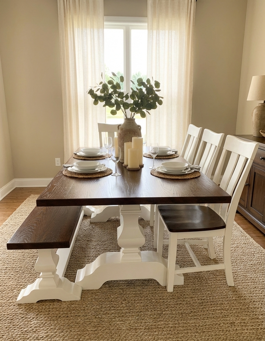 Dining room with a wooden table and white chairs, decorated with plates and candles.