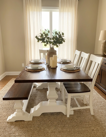 Dining room with a wooden table and white chairs, decorated with plates and candles.