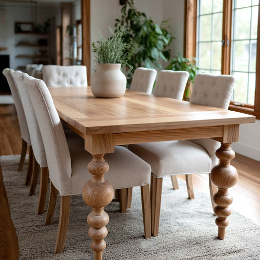 solid ash dining table with big turned legs