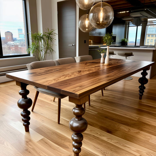 dining table with big ball legs made in Carmel, IN