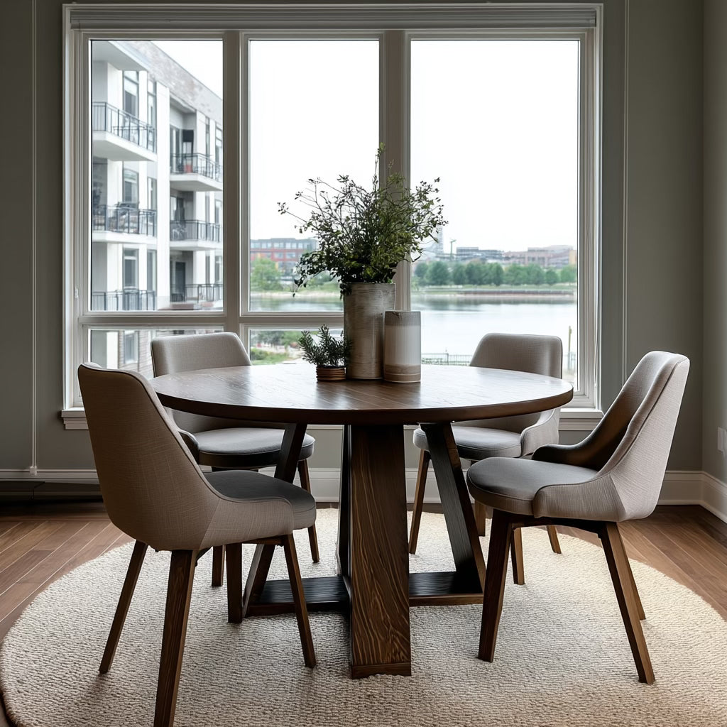 hardwood circular dining table in an apartment