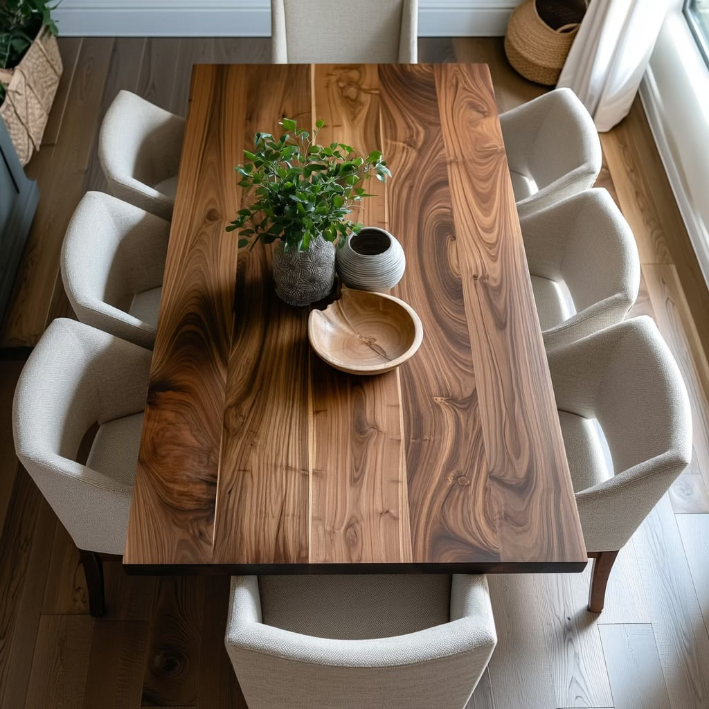 top view of walnut dining table