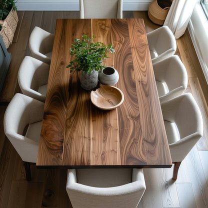 top view of walnut dining table