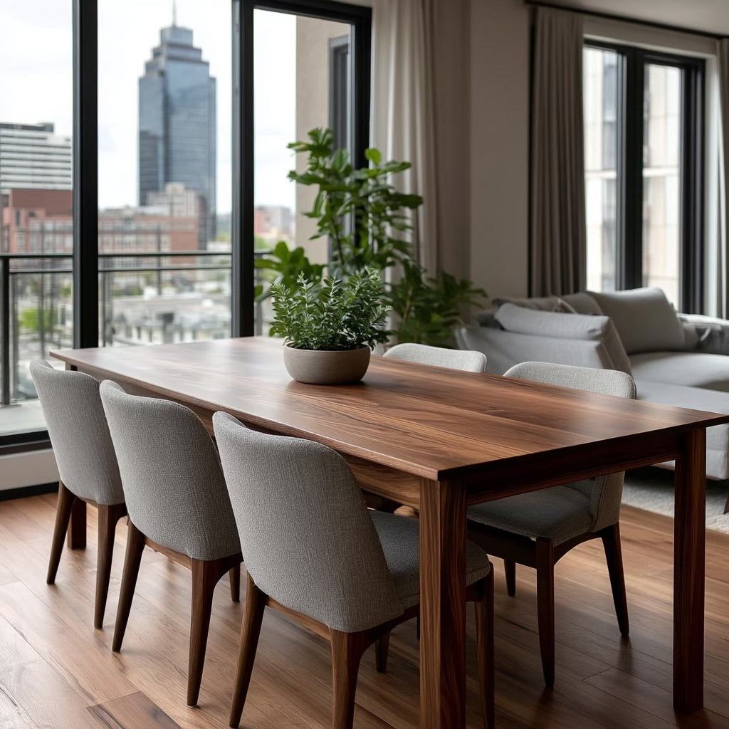 side view of walnut dining table in an apartment in indianapolis