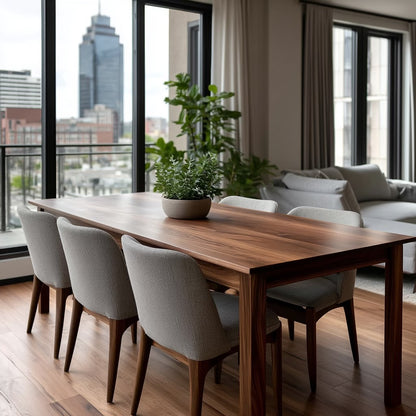 side view of walnut dining table in an apartment in indianapolis