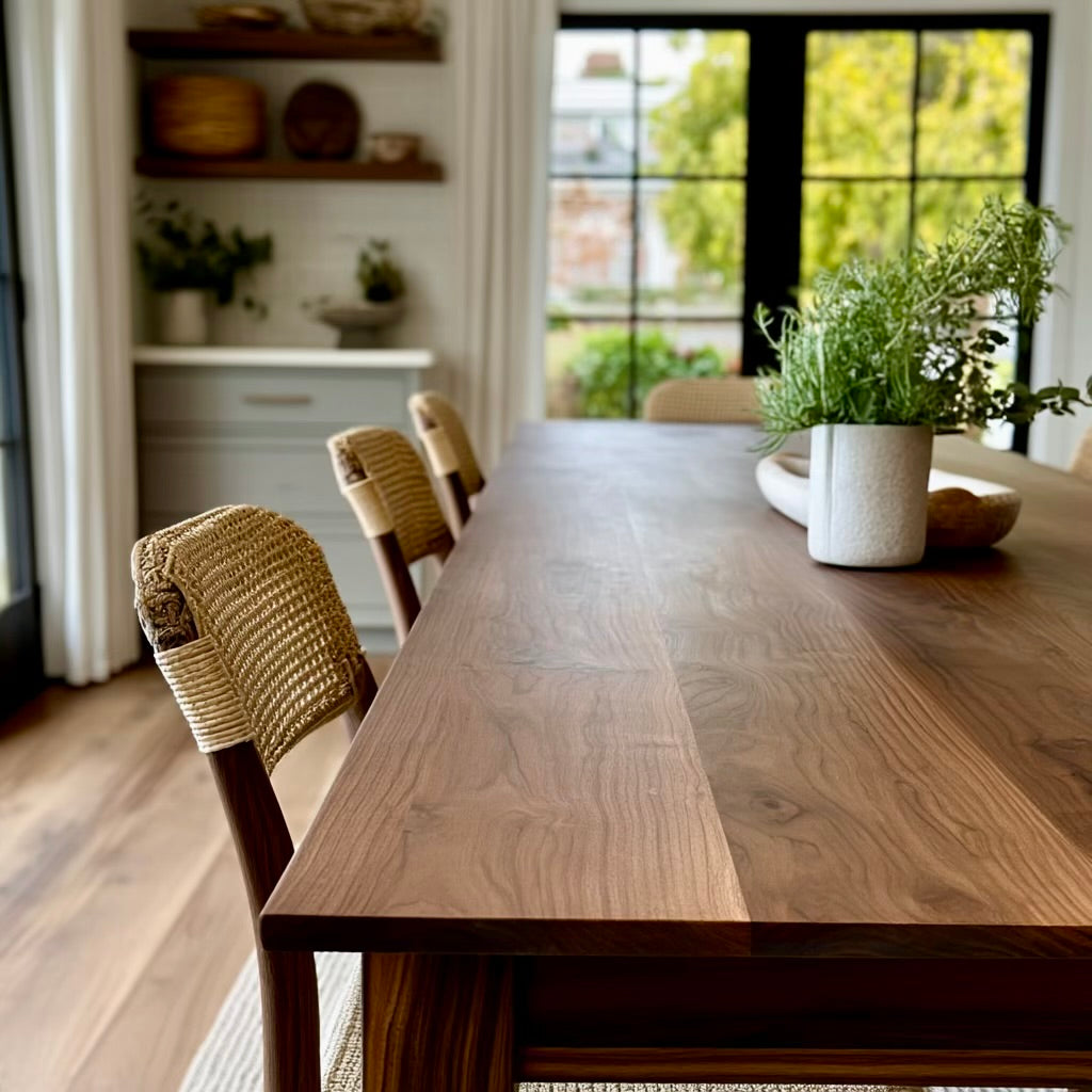 close up view of a walnut dining table and its natural grain pattern