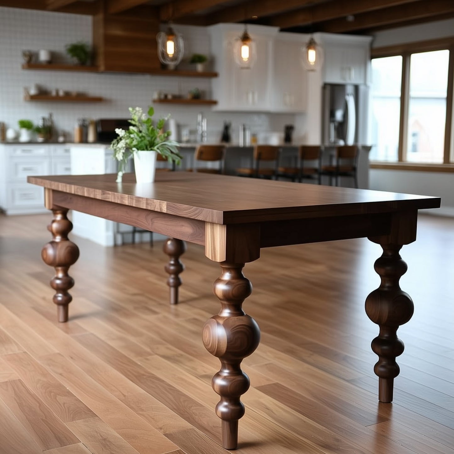 walnut dining table with big legs made in Carmel, IN