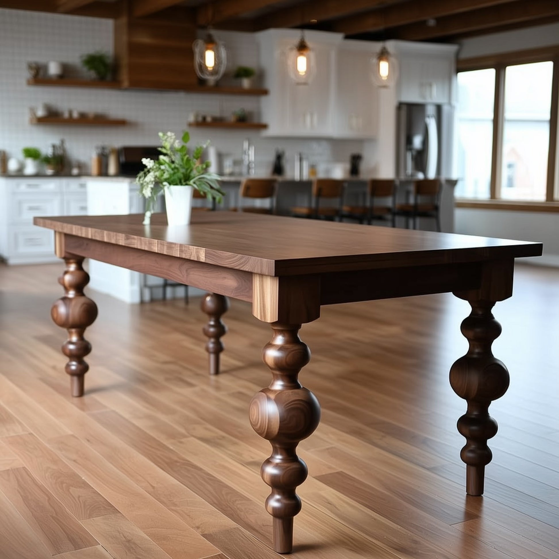 walnut dining table with big legs made in Carmel, IN