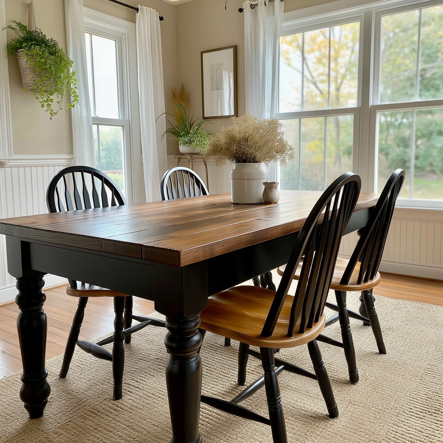 a farmhouse dining table made of solid hardwood with a black painted base