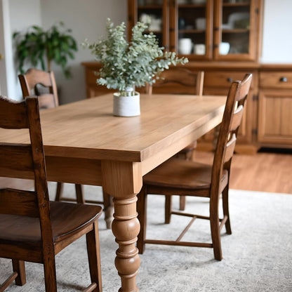 modern farmhouse oak dining table in a modern dining room
