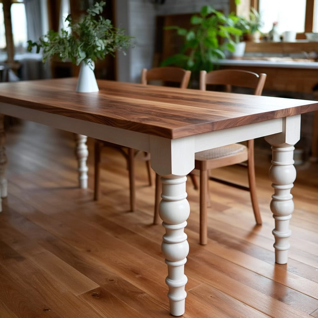 turned leg solid hardwood dining table angle view
