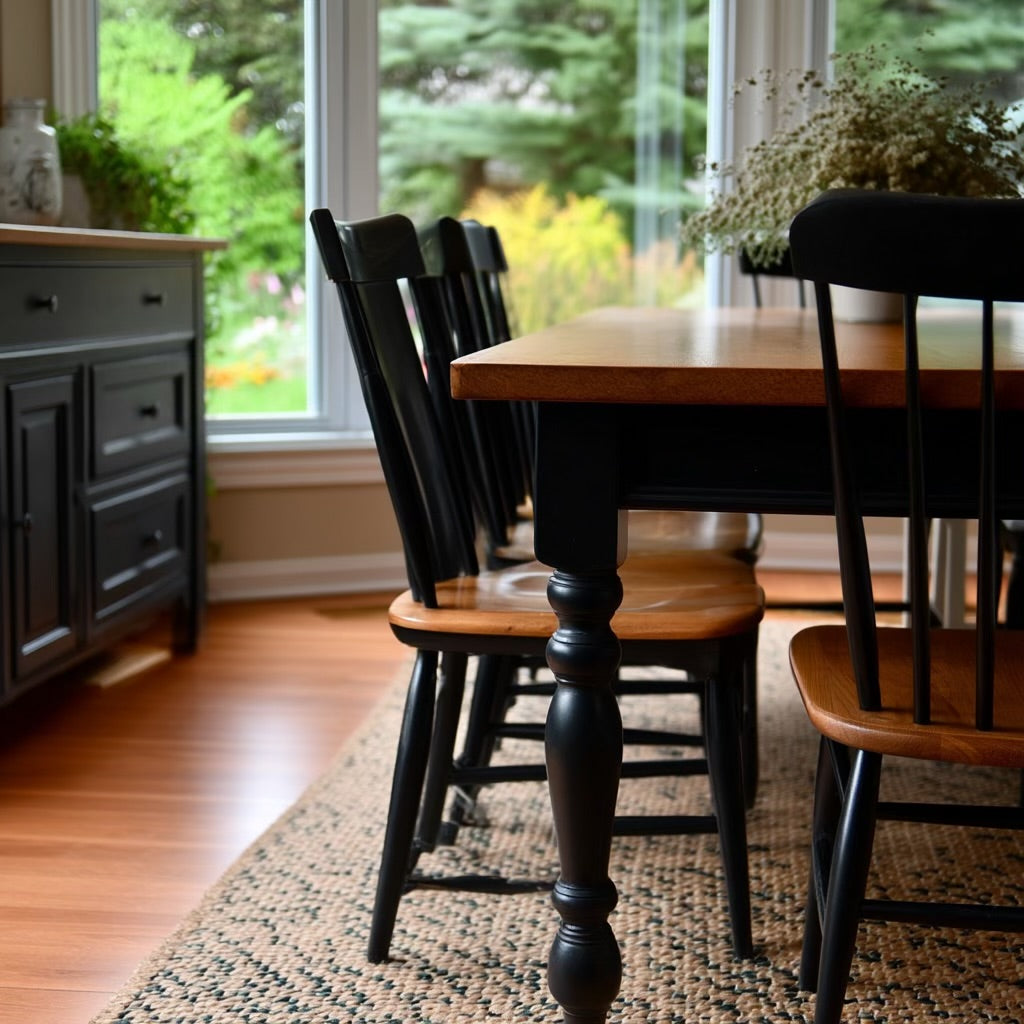 corner view of a solid oak dining table