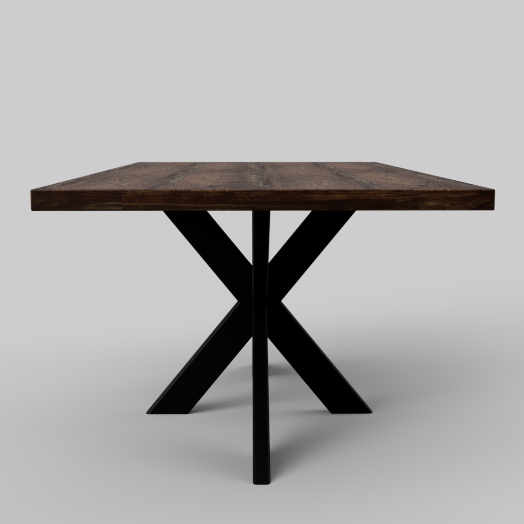 hardwood dining table with a spider base and a grey background