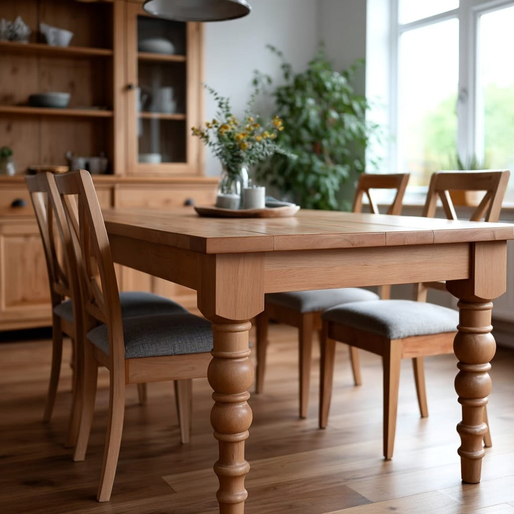 eye level view of a modern farmhouse dining table made of solid oak